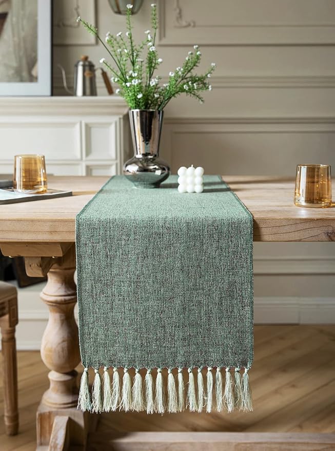 Green Table Runners 48 Inches Long, Burlap Linen Style Rustic Farmhouse Table - Image 2