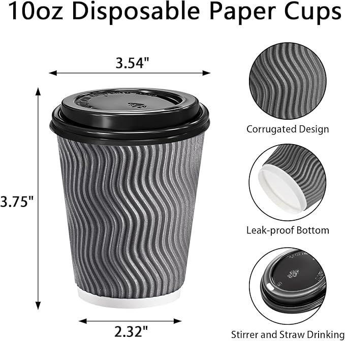 100 Pack 10 oz Coffee Cups with Lids, Disposable Insulated Hot Cups To Go Paper Coffee Cups, Corrugated Ripple Wall Cup for Hot Drink, Office, Coffee Bar (Grey 10 oz)