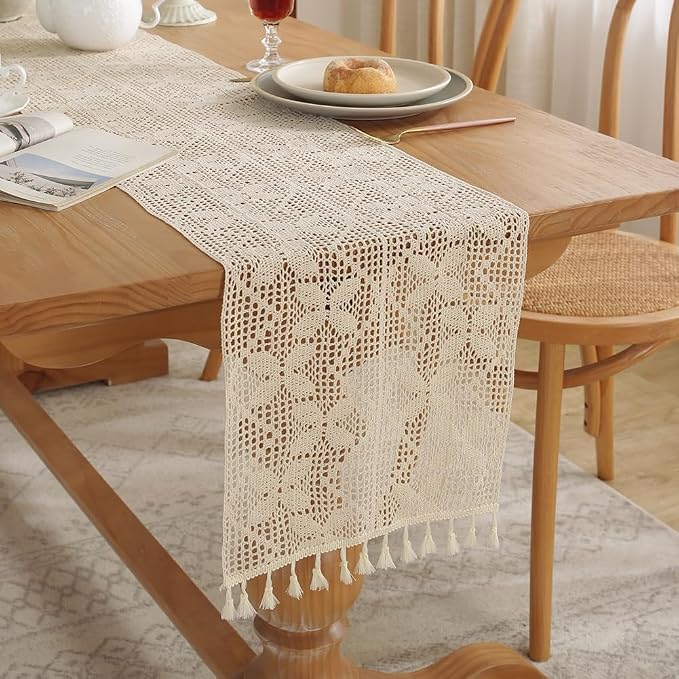 meioro Crochet Lace Table Runner, 12x72 Inch Boho Cotton Table Runners by meioro