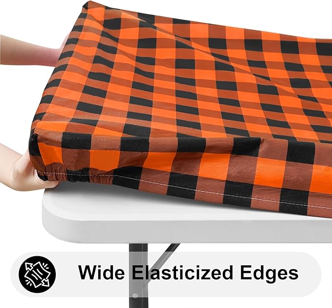 Smiry Rectangle Picnic Table Cloth, Elastic Waterproof Fitted Vinyl Tablecloths, Flannel Backed Buffalo Plaid Table Covers for Dining, Camping, Outdoor (Black and Orange, 30" x 72")
