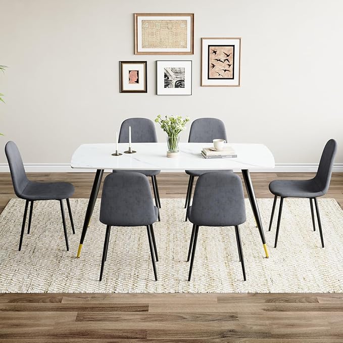Modern Dining Table Set for 6, Dining Table Chairs Set of 6, Sintered Stone Kitchen Table Top and Modern Chairs Set of 6 for Kitchen Dining Room