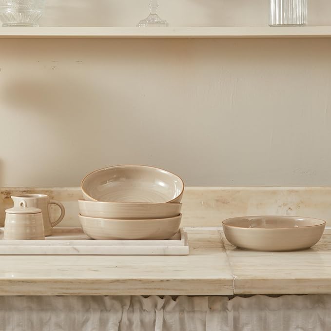 Bico Light Beige 45oz Stoneware Pasta Bowls Set, Set of 4, Microwave and Dishwasher Safe, for Spaghetti, Pasta, Soup