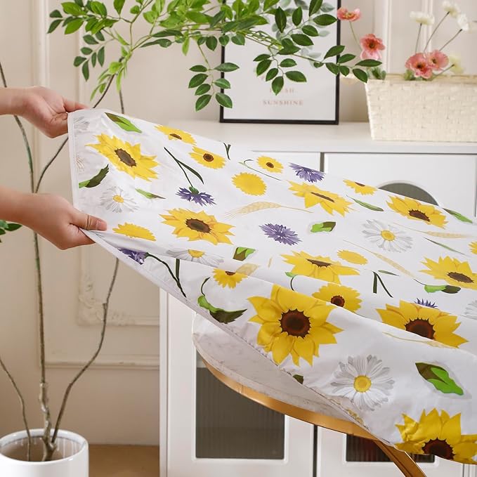Walrus Round Vinyl Fitted Tablecloth with Flannel Backing Elastic Edge Design Table Cover Waterproof Oil-Proof PVC Table Cloth Stain-Resistant Best for 57"-66" Round