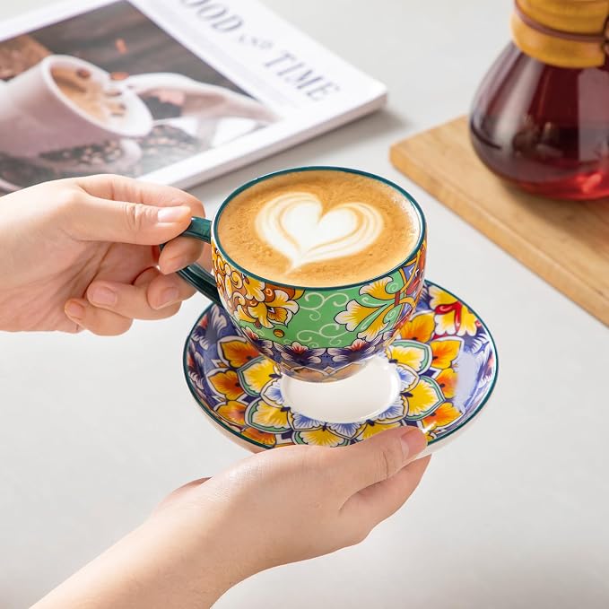 vancasso 8 Oz Cappuccino Cups, Porcelain Tea Cups and Saucers Set of 6 | - Image 6
