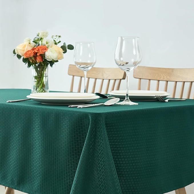 maxmill Christmas Tablecloth Stain Resistant Waterproof Wrinkle Resistant Spillproof Washable Weaved Texture Table Cloth for Dining Room, Holiday Dinner, Rectangle 60 x 140 Inch, Hunter Green