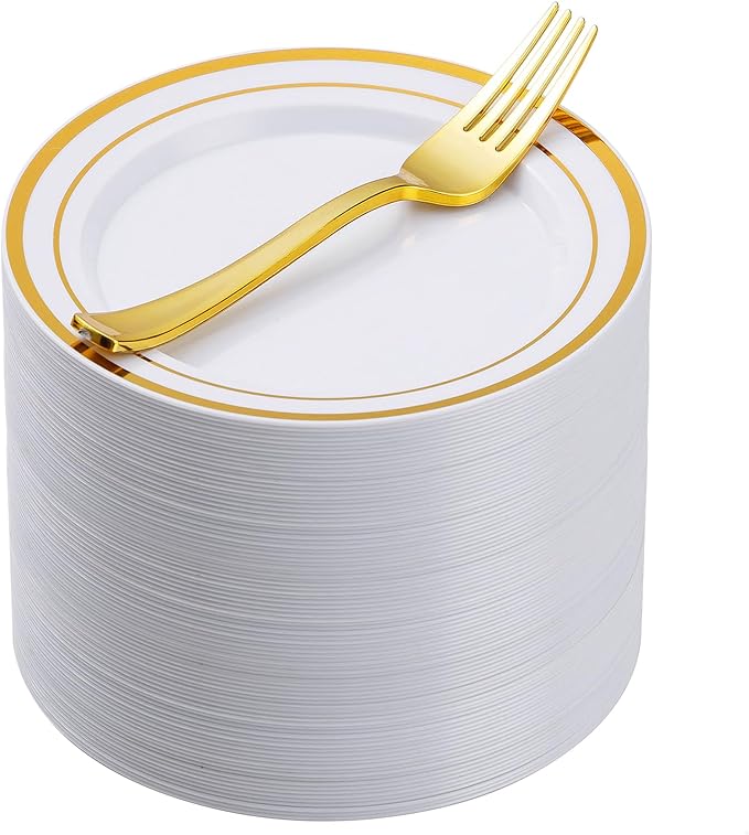 Goodluck 240PCS 7" Gold Dessert Plastic Plates with 7.4" Forks, Gold Appetizer Plates for 120 Guests, Including 120 Disposable Cake Plastic Plates and 120 Forks for Wedding/Birthday/Christmas Party