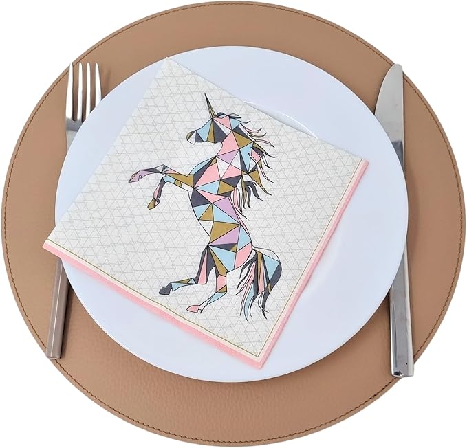 Nikalaz Round Placemats Set (Pack of 4) Recycled Leather Table Mats 15 inches, Kitchen Dining Table Decor by Nikalaz (Light Camel)