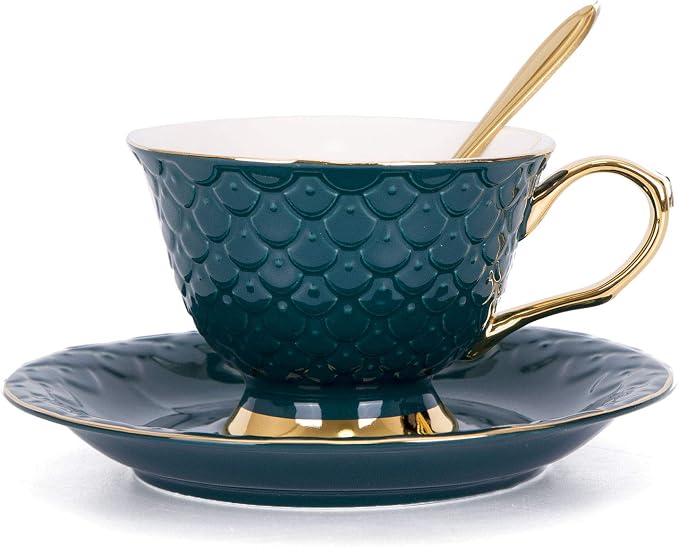 VanEnjoy Green Vintage 8 Ounces Porcelain Coffee Cup, Tea Cup and Saucer Set by VanEnjoy
