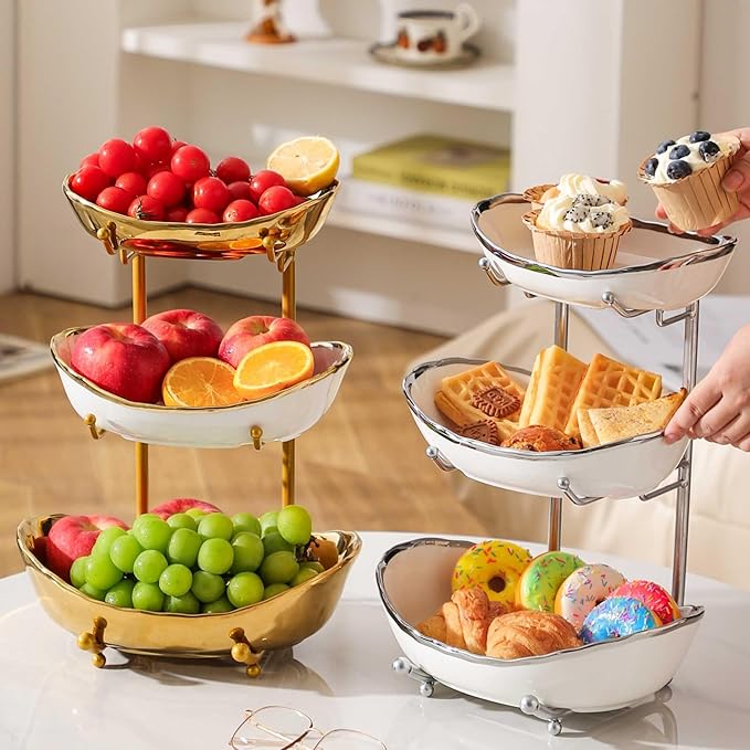 jessie 3 Tier Fruit Bowls for Kitchen Counter,Ceramic Large Fruit Basket Stand,Metal Fruit Serving Tray Snacks Nuts Cake Storage Holder (Gold 1)