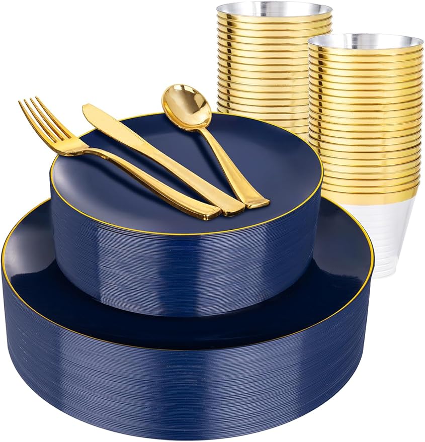 WDF 150pcs Blue plastic Plates - Navy Blue Plates Disposable - 25guest Disposable Dinnerware Sets for Hanukkah/Party/Wedding/Birthday
