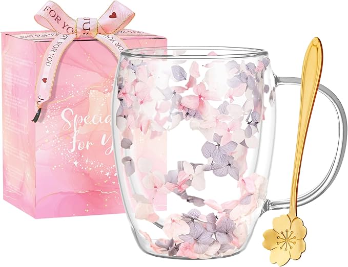 Gifts for Women Dried Flowers Double Wall Glass Coffee Mugs Cute Glass Tea Cups by Yalucky