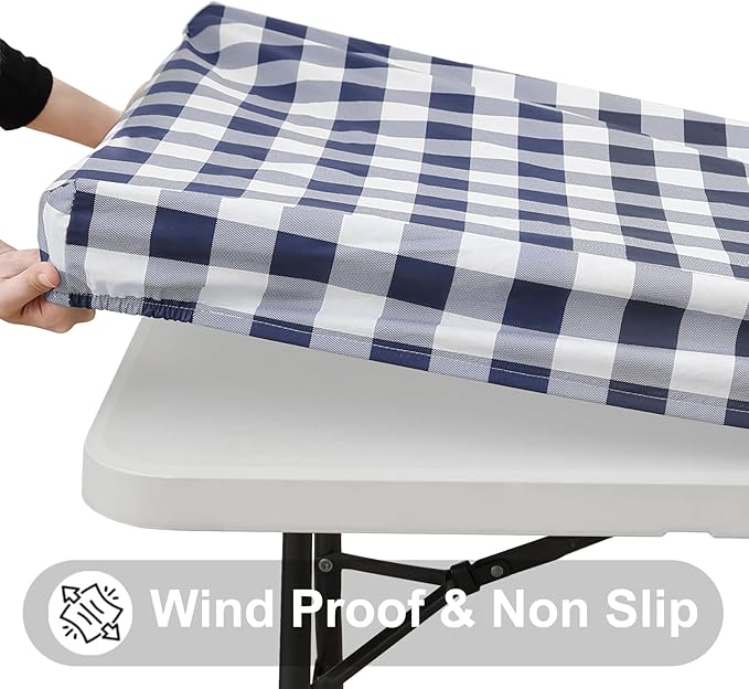 Smiry Square Picnic Table Cloth, Elastic Waterproof Fitted Vinyl Tablecloths, Flannel Backed Buffalo Plaid Table Covers for Dining, Camping, Outdoor (White and Navy, 42" x 42")