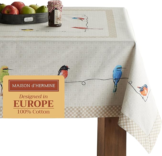 Maison d' Hermine Table Cloth Rectangle Table 100% Cotton 60 x 90 Inches Tablecloth Reusable Decorative for Dining Room Farmhouse Home Valentines Day Decorations Spring Summer - Birdies on Wire
