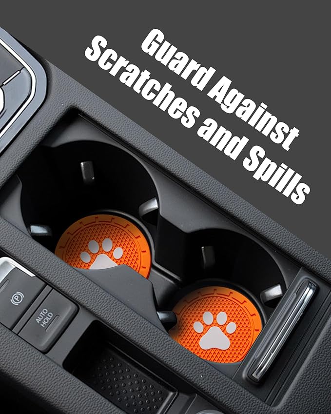 4 Pack Car Cup Coasters, Universal Dog Paw Print Non-Slip Silicone Cup Holder Inserts, Car Interior Accessories, Orange