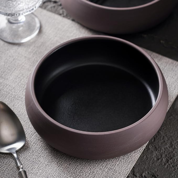 Uaral Ceramic Salad Bowls Set, 18 Ounce Black Shallow Bowl Set - Image 4