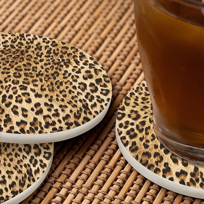 Wild Animal Pattern Coaster for Drinks Individual Leopard Cheetah Skin Repeat Spot Presents for Housewarming Birthday and Family 100% Diatomite 4''X 4'',2 Pack