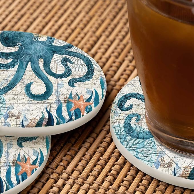 Grunge Octopus Drink Coasters Modern Sea Adventure Ocean Map Cool Marine Animal Wildlife Housewarming Presentss for New Home Present for Friends,2 Pcs,4 X 4 X 0.35 Inches