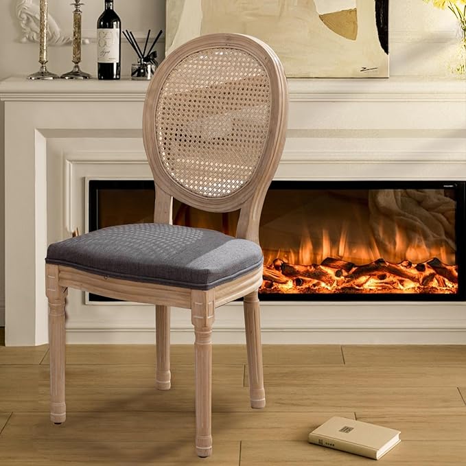 SoarFlash French Dining Chairs Set of 4, Vantage Dining Chair with Round Back, Farmhouse Country Rattan Dining Chair for Kitchen,Bedroom,Deep Grey