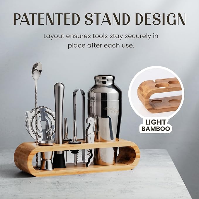 Mixology & Craft Cocktail Shaker Set with Bamboo Stand - Professional 18oz 10-Piece Bartender Kit - Complete Bar Set & Cocktail Mixer Kit for Home (Silver)
