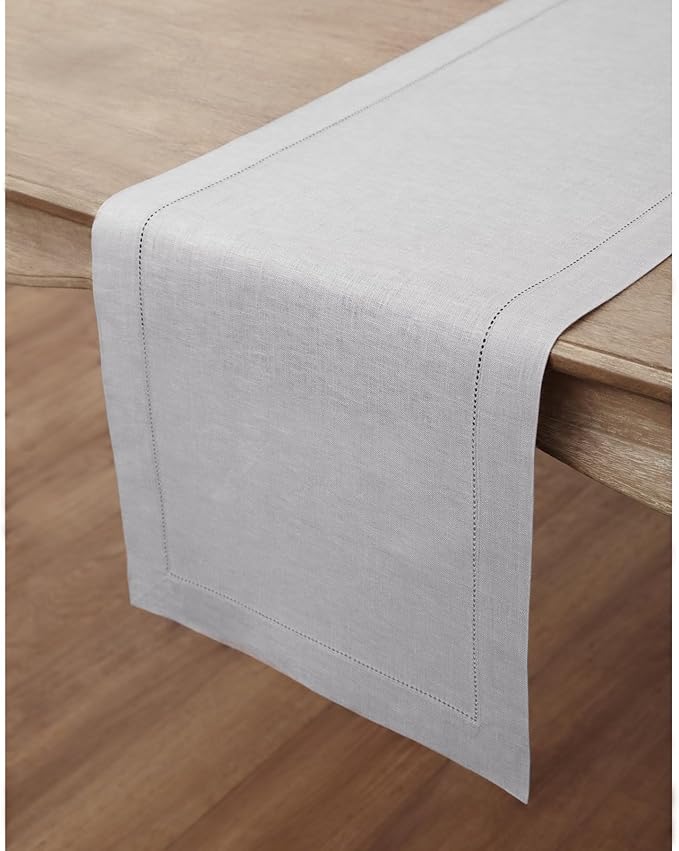 Solino Home Linen Soft Grey Table Runner 90 Inches Long - 100% Pure Linen Hemstitch 14 x 90 Inch Table Runner for Dining, Spring, Easter - Classic Hemstitch