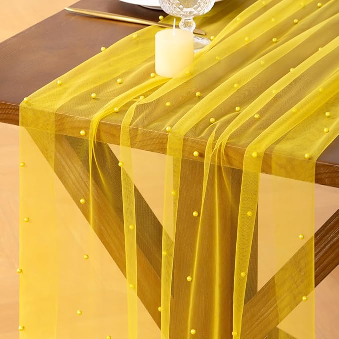 Pearl Table Runner Summer Tulle Gauze Sheer Wedding Party Home Decor | Yellow by Socomi