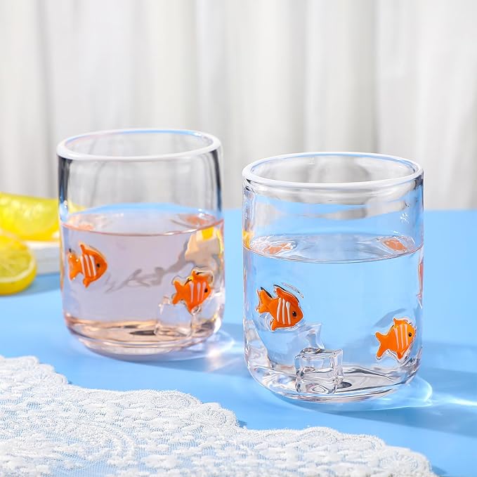 Icon Juice Glasses, 14oz Stemless Wine Drinking Juice Glass Cup for Valentine Party Supplies Gift(2 Pcs,Clownfish)