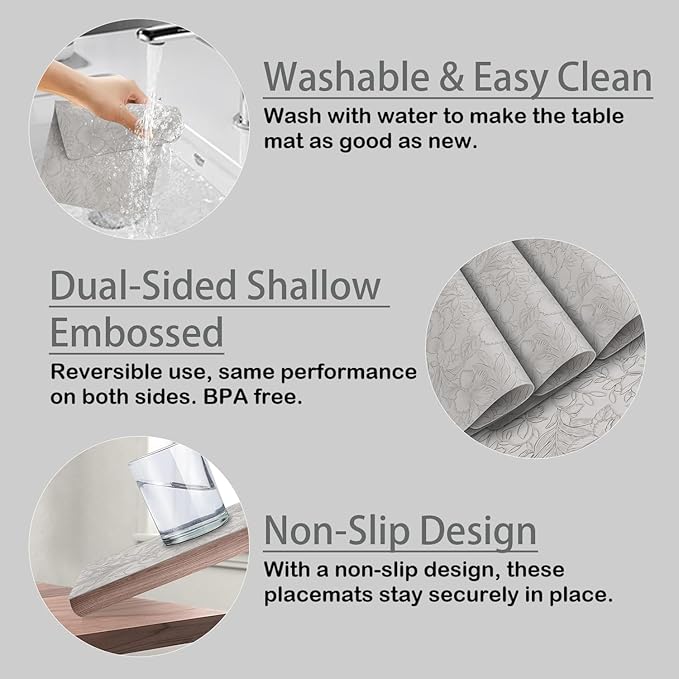 SolaraDawn Faux Leather Table Placemats Set of 4, Washable, Wipeable & Heat-Resistant Table Mats, Waterproof Dining Place Mats with Embossed Texture for Kitchen & Dining, Light Gray, 17" × 12"