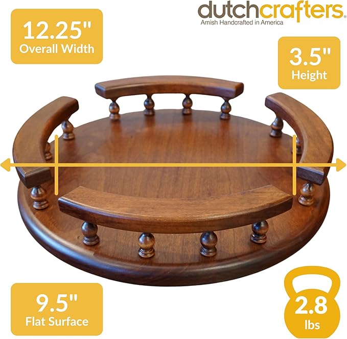 DutchCrafters Solid Wood Lazy Susan Turntable, Rotating Spice Organizer for Kitchen Counter, Dining Table - Amish American Made in USA (Cherry Wood, Michael's Cherry Stain, 12" with Rail)