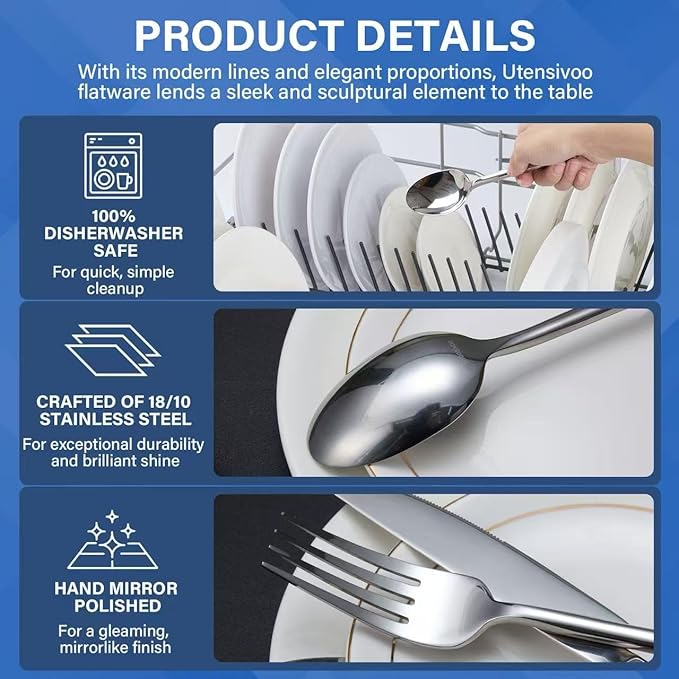 40-Piece Silverware Set for 8，Minimalist Flatware Set 18/10 Stainless Steel，Fine Cutlery Set with Forks, Knives, Spoons，Durable and Elegant Design Tableware，Dishwasher Safe