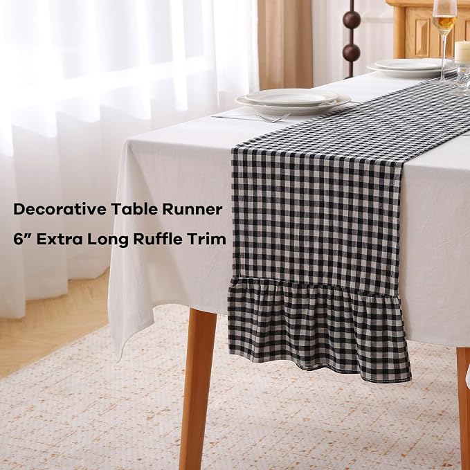 Black White Plaid Gingham Ruffle Table Runner 120 inches Long 100% Washed - Image 3