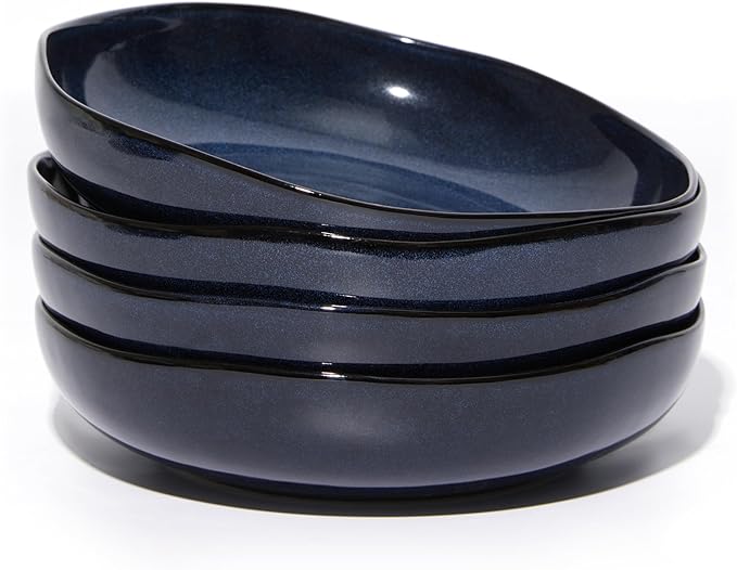 Stoneware Pasta Bowls Set of 4, 8.26" Large Serving Bowls, Chip Resistant Plate Bowls, Salad Serving Bowl for Lunch, Unique Irregular Look, Starry Blue