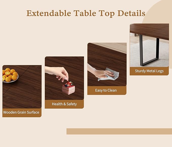 ZckyCine 67" Expandable Walnut Dining Table and 6 Upholstered Chairs, 7-Piece Dining Room Furniture Set, Mid-Century Modern Style for Home, Dining Room and Kitchen
