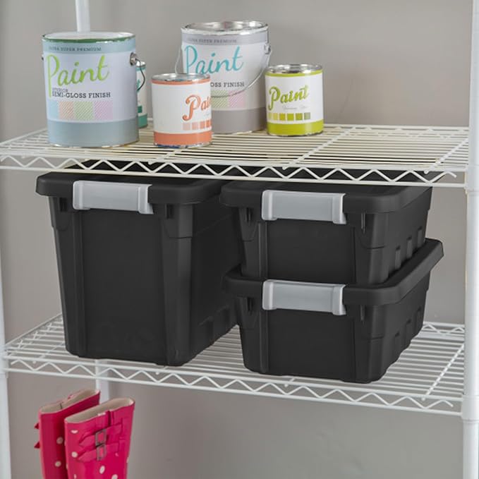 Sterilite 12-Pack Plastic Storage Bins with Lids, Stackable Containers, 7.5 Gallon, Black