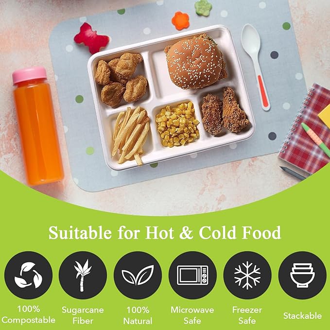 three leaf 5 COMPARTMENT BAGASSE (SCHOOL) TRAY 150 Ct. Heavy-Duty- Super Strong- Natural- Eco-Friendly Disposable Bagasse Plates, 100% Biodegradable 5 Compartment meal Plates