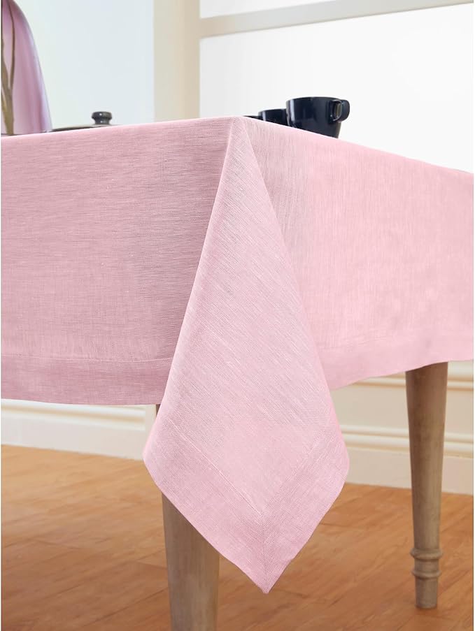 Solino Home Linen Tablecloth 60 x 132 Inch - 100% Pure Linen Bubblegum Pink Table Cloth for Rectangle Tables - Athena, Machine Washable Tablecloth for Valentines, Spring, Easter