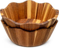 2 Pcs Scalloped Decorative Wooden Bowl 12 Inch Acacia Wood Fruit & Salad Serving Bowl Handcrafted Farmhouse Kitchen Serveware for Fruit, Pasta, Snacks and Home Decor