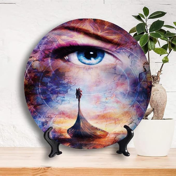 Decorative Plates, Viking Print Ornament, Boat On The Beach and Woman Eye Boat with, 8 Inch, 1 Plate with 1 Display Stand, Multicolor