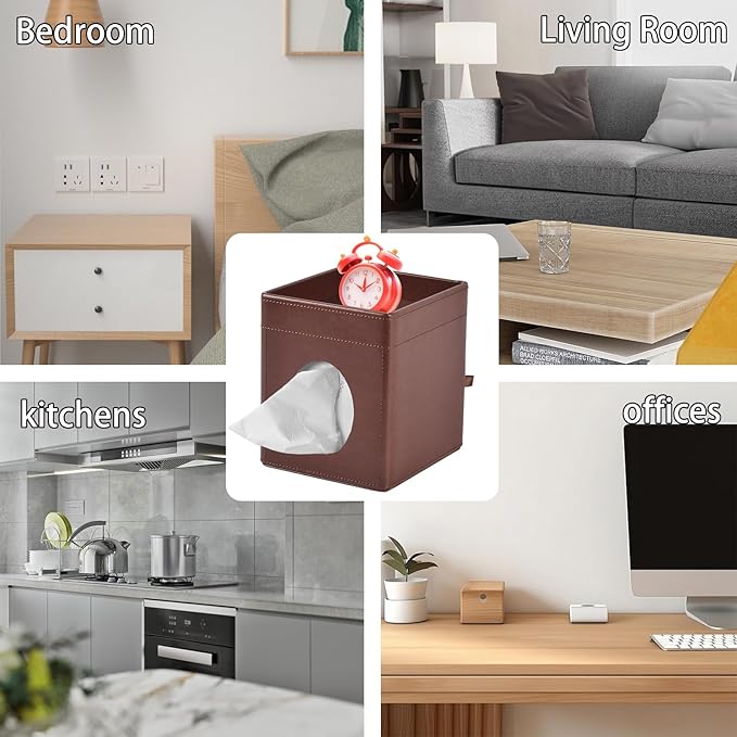 Tissue Box Cover Square Tissue Box Holder PU Leather Facial Tissues Organizer with Storage Tray for Bathroom Vanity Bedroom Office Car,Stylish Napkin Caddy Decorative Organizer (Brown)