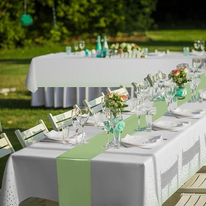16Pack Plastic Tablecloths and Satin Table Runner Set Disposable White and Sage - Image 8