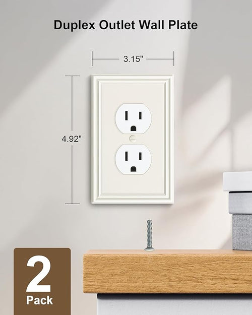 2-Pack Duplex Outlet Cover, Durable Solid Zinc Alloy Decorative Switch Plates and Outlet Covers, Light Almond Wall Plates for Electrical Outlets, 1 Gang Receptacle Cover, Corrosion Resistant