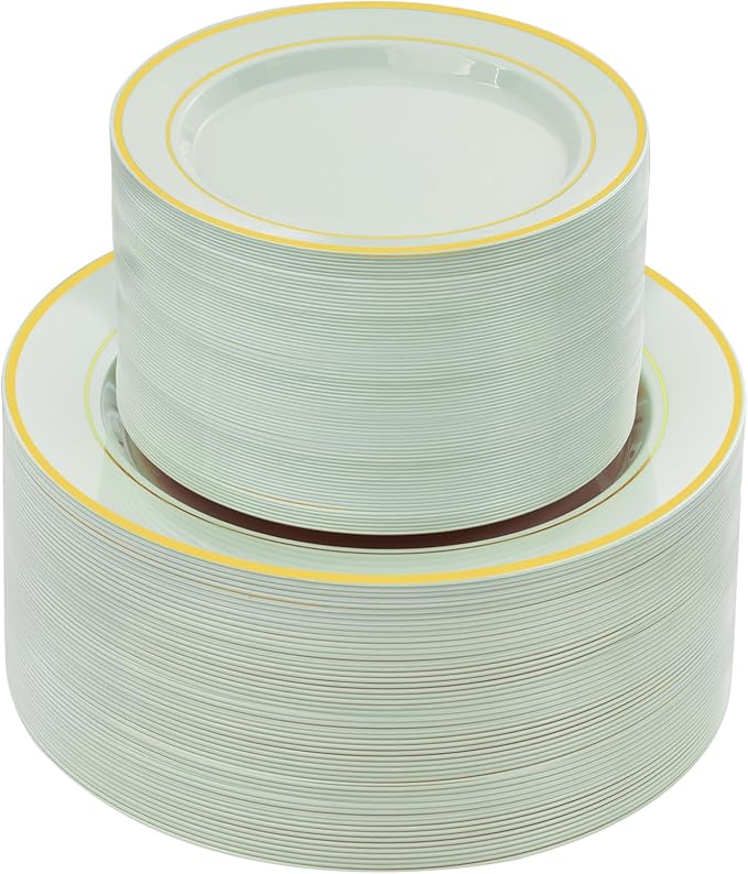 NOCCUR 200PCS Sage Green Plastic Plates for 100 Guests - Include 100PCS 10" Dinner/ 100PCS 7" Dessert Plastic Plates Heavy Duty - Ideal for Wedding&Party