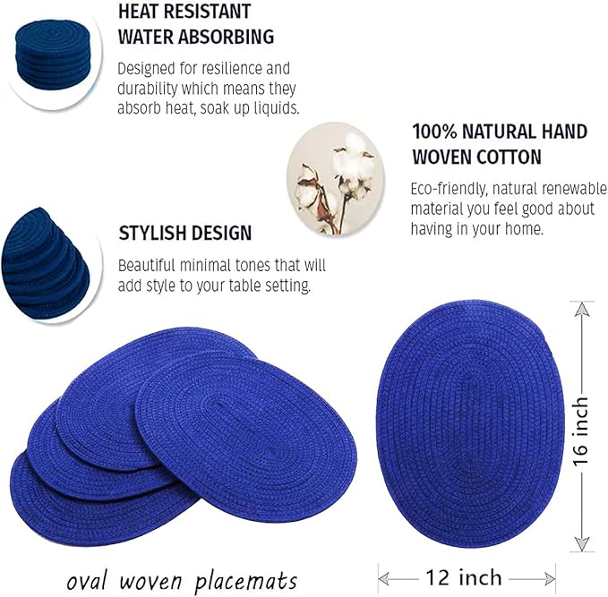 Braided Placemats Set of 4 Cotton Fabric Oval Table Mats Non Slip Washable 16 * 12 inch Oval Place Mats, 4 Pack Blue Rope Woven Placemats
