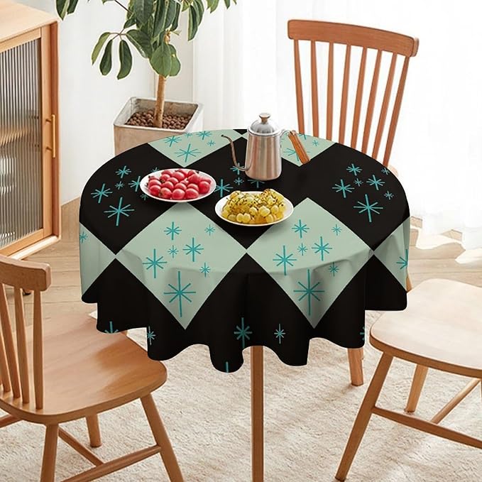 Retro Bohemian Mid Century Round Tablecloth, Abstract Modern Geometric Mid Century Tablecloth for Home Party Dining Room Kitchen Decor 60Inch(152cm)