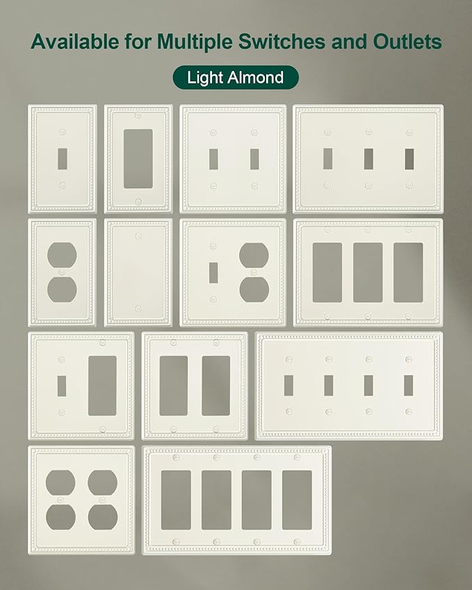 2-Pack Blank Outlet Cover Wall Plate, Metal Switch Plates Outlet Covers, Light Almond Pearls Beaded Decorative Wall Plates for Electrical Outlets