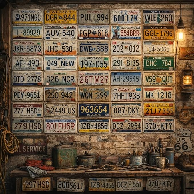 Vintage License Plate Wall Decor Set (Decorative Use Only), 50 US State Metal Signs, 6 x 12 Inch Embossed Retro Plates for Garage Decor, Man Cave Decor