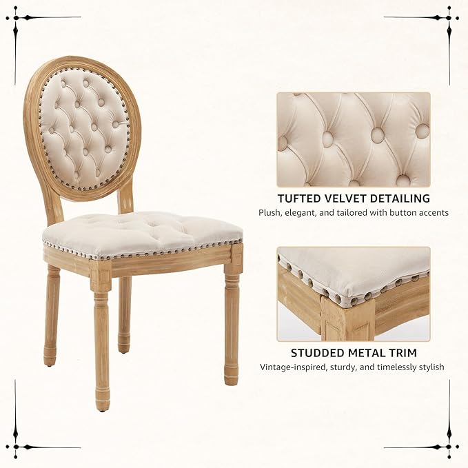 Vintage French Dining Chairs Set of 4, Round Back Velvet Upholstered Accent Chairs with Nailhead Trim and Solid Wood Frame, Elegant Sillas de Comedor for Dining Room & Kitchen, Beige