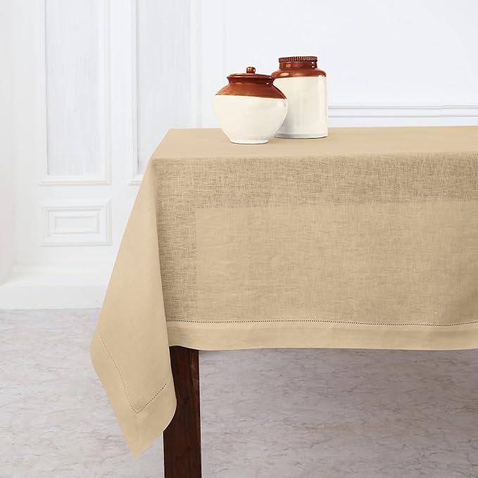 Solino Home Linen Tablecloth for Rectangle Tables 60 x 108 Inch - Classic Hemstitch 100% Pure Linen Beige Table Cloth - Machine Washable Cloth Tablecloth for Spring, Easter