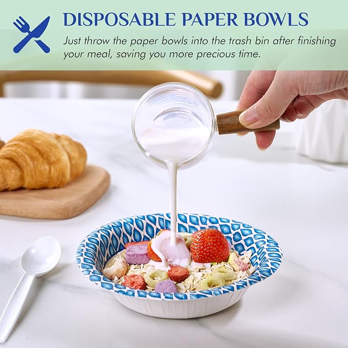 MUCHII 10 Oz Paper Bowls 150 Count Small Bowls, Blue Printed Soak Proof Disposable Bowls for Snacks, Dessert, And Light Lunch Meals