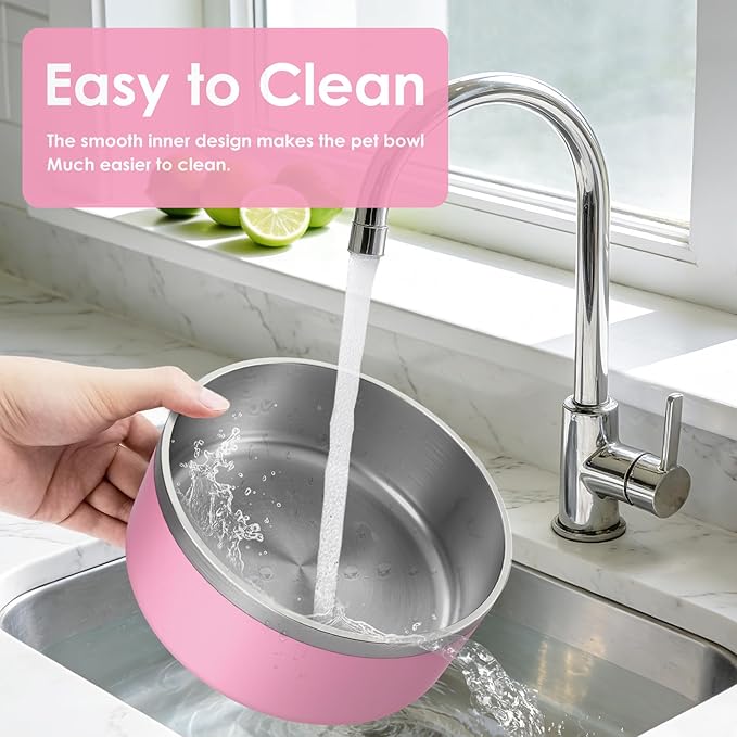 IKITCHEN Dog Bowl for Food and Water, 40 Oz Stainless Steel Pet Feeding Bowl, Durable Non-Skid Double Wall Insulated Heavy Duty with Rubber Bottom for Medium Large Dogs (40 Ounces/5 Cup, Pink)