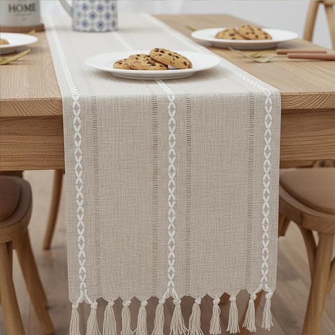 Boho Table Runner with Tassels, Handwoven with Weave Texture Fringe - Image 2